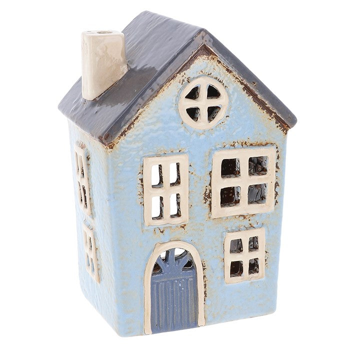 Casa con finestra rotonda blu polvere | Portacandele in ceramica del villaggio