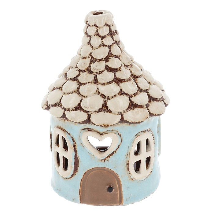Casa rotonda con tetto smerlato blu polvere | Portacandele in ceramica del villaggio