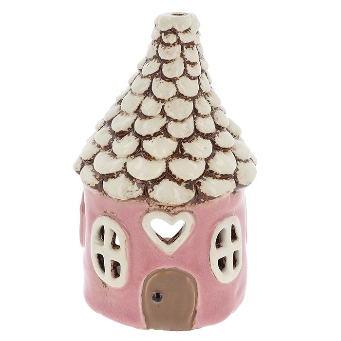 Casa rotonda con tetto smerlato rosa | Portacandele in ceramica del villaggio