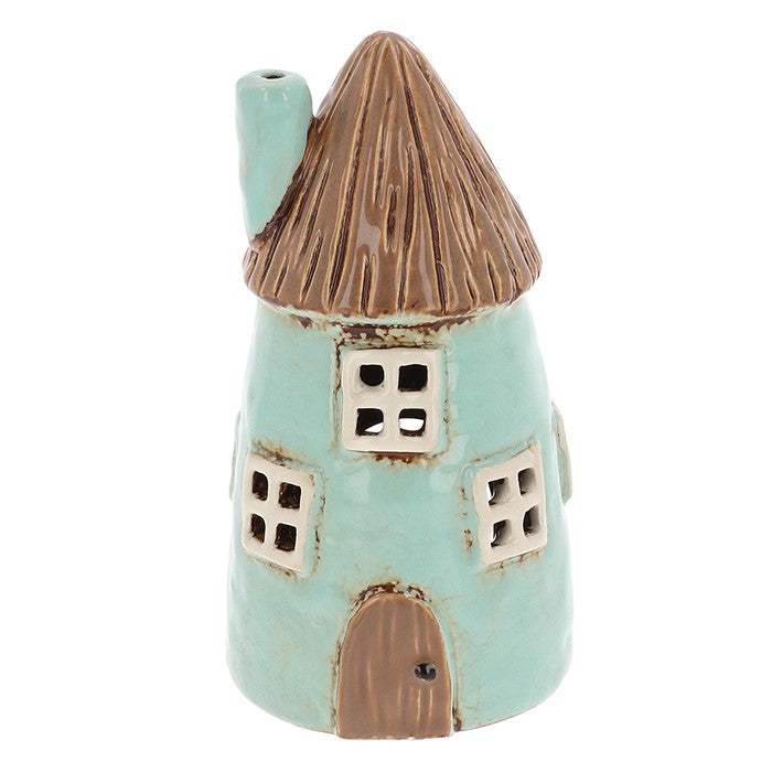 Aqua Thatch Roof Round House | Village Pottery Tealight Holder