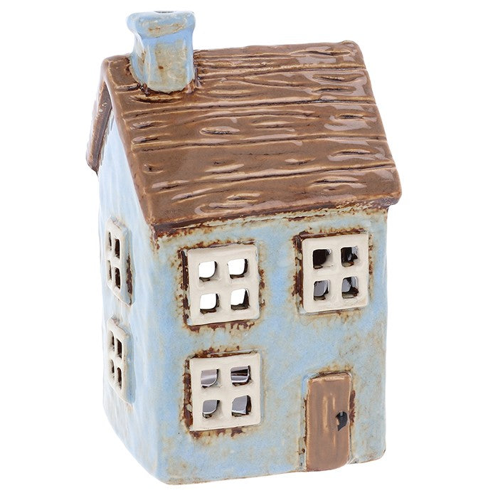 Casa con tetto in paglia blu polvere | Portacandele in ceramica del villaggio