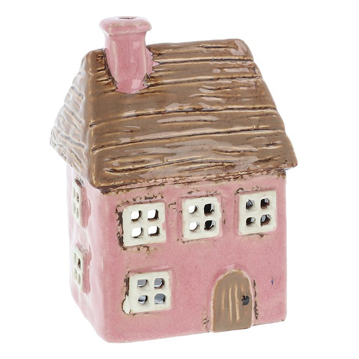 Casa dal tetto di paglia rosa | Portacandele in ceramica del villaggio