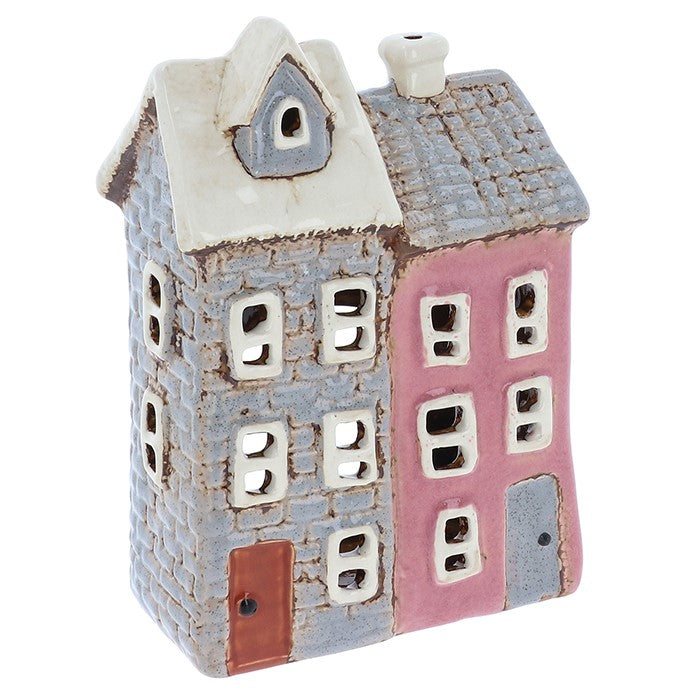Pink & Grey Tiled 2 Houses | Village Pottery Tealight Holder