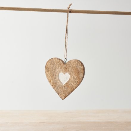 Decorazione a forma di cuore in legno lavato bianco da appendere, 10 cm