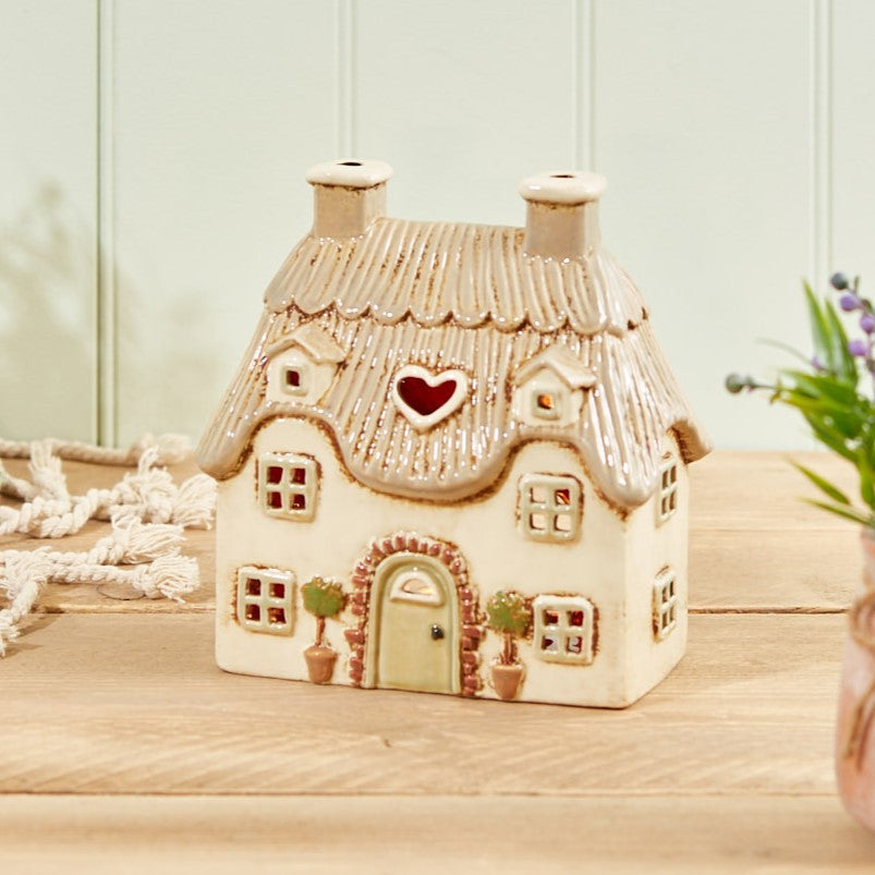Cottage di paglia di campagna beige | Portacandele in ceramica del villaggio