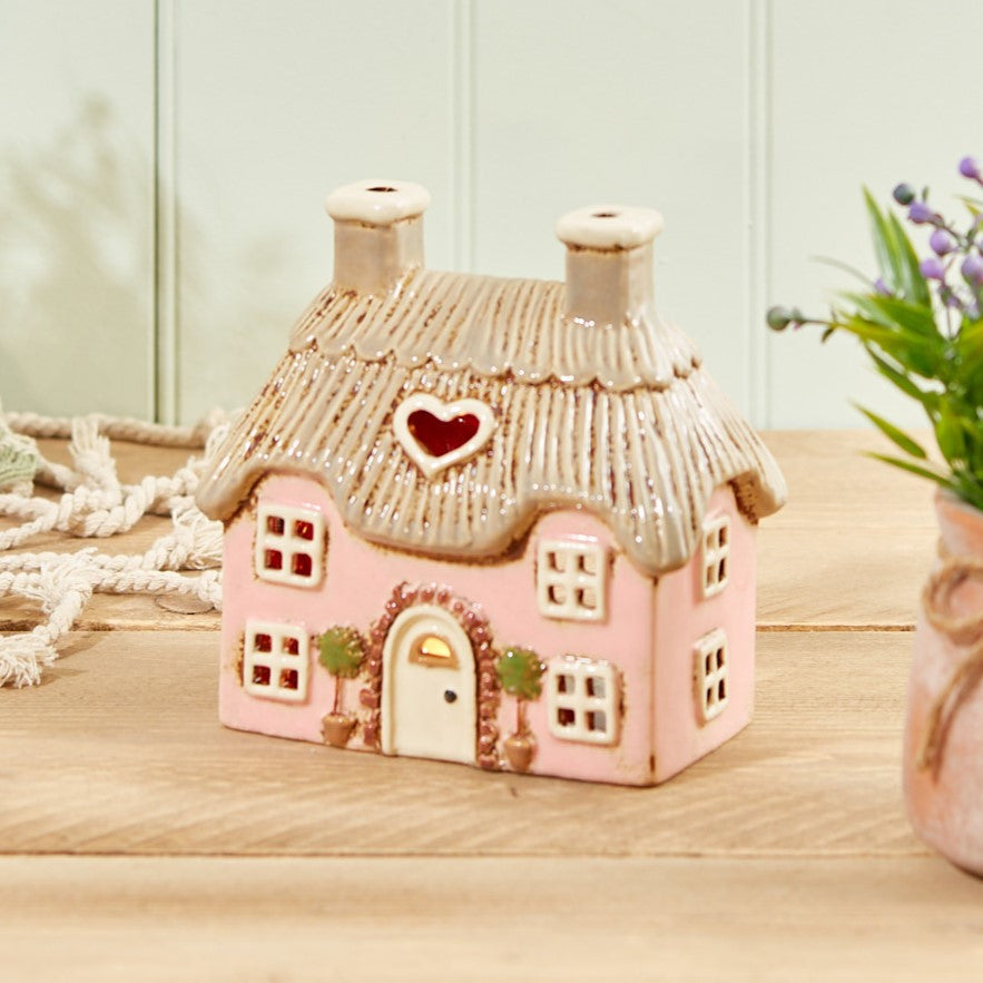 Cottage di paglia di campagna rosa | Portacandele in ceramica del villaggio