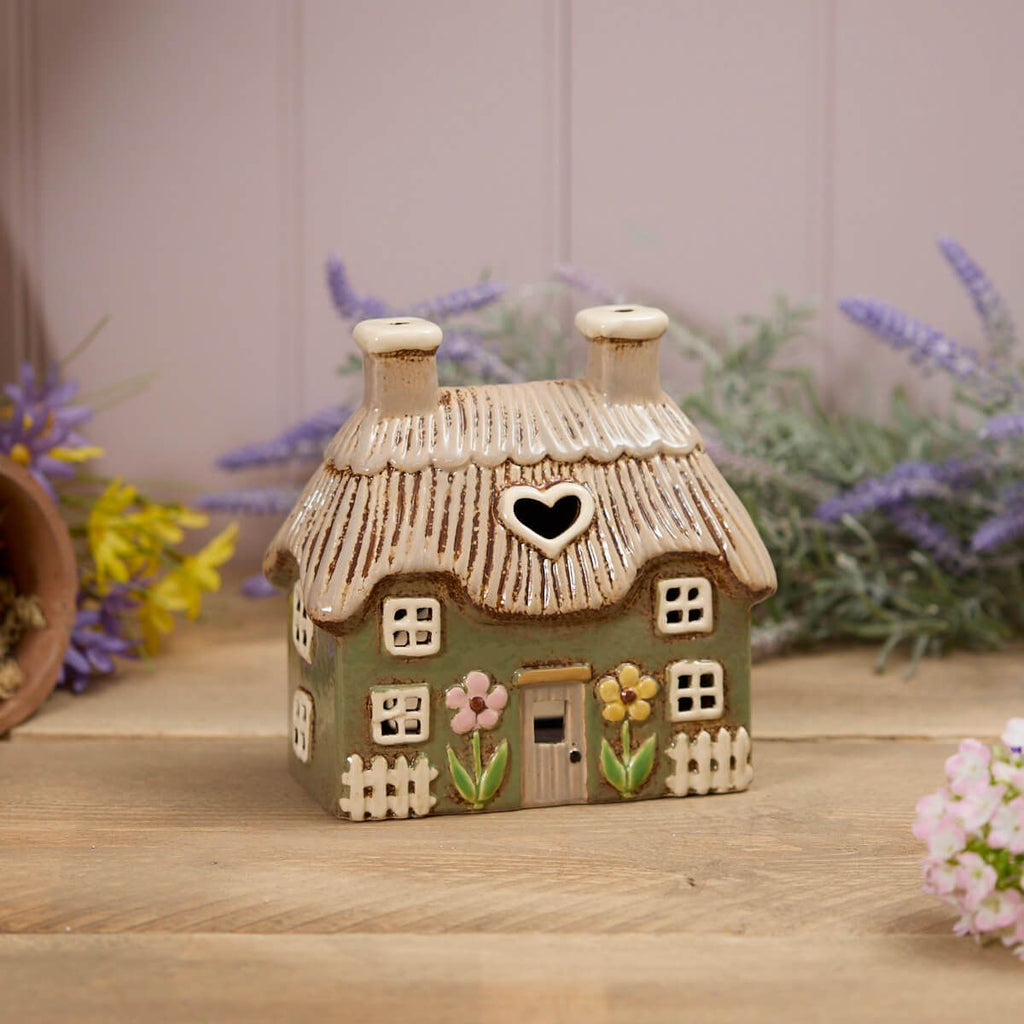 Sage Green Thatched Cottage | Village Pottery Tealight Holder