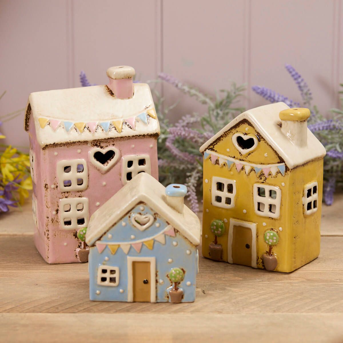 Yellow Bunting & Polka House | Village Pottery Tealight Holder