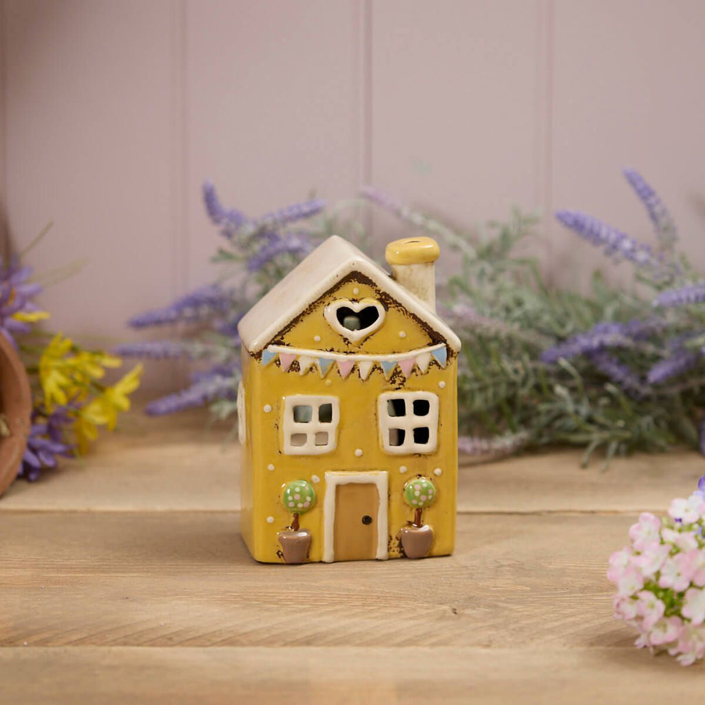 Yellow Bunting & Polka House | Village Pottery Tealight Holder