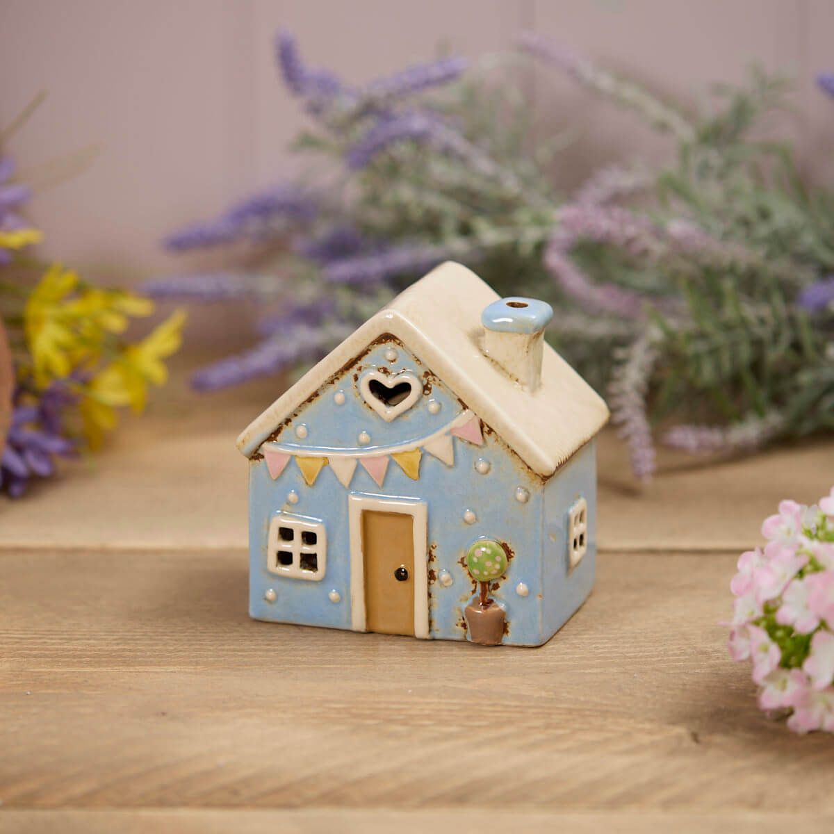Powder Blue Bunting & Polka House | Village Pottery Tealight Holder