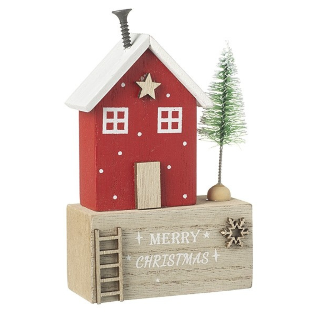 Wooden House - Merry Christmas Red & Wood