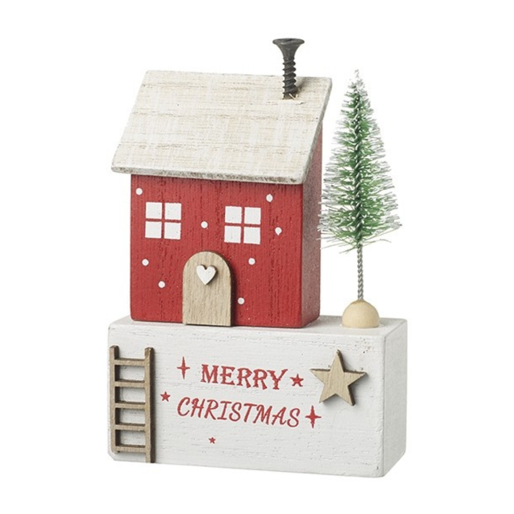 Wooden House - Merry Christmas Red & White