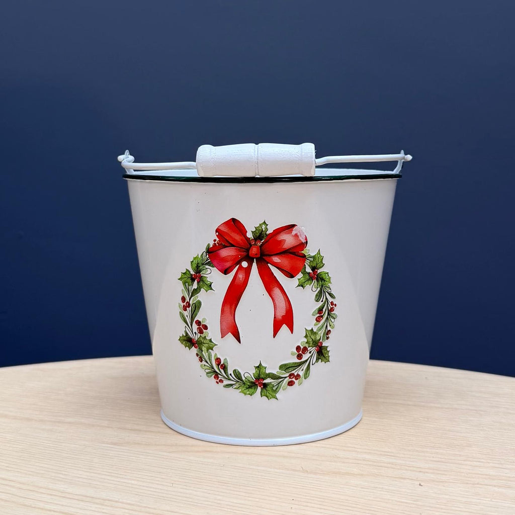 Christmas Bow Metal Bucket