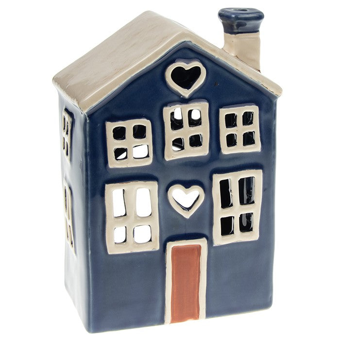 Casa del cuore blu navy | Portacandele in ceramica del villaggio